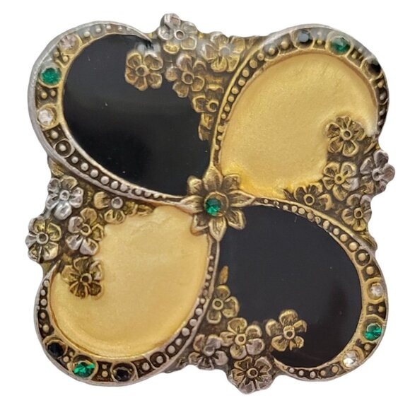 Catherine Popesco Square Black Yellow Enamel Rhinestone Pin Brooch - Picture 1 of 7